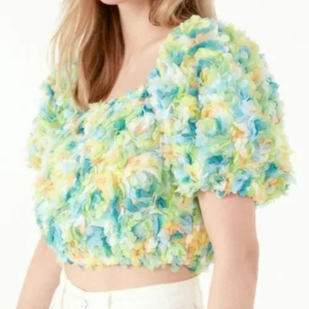 FREE THE ROSES Colorful‎ Embellished Floral Crop Top NWOT Size Small